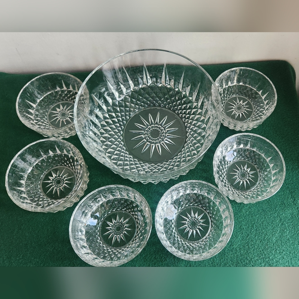Vintage Bowl 6 Cup Set Arocoro FRANCE Starburst Crystal Fruit Dessert